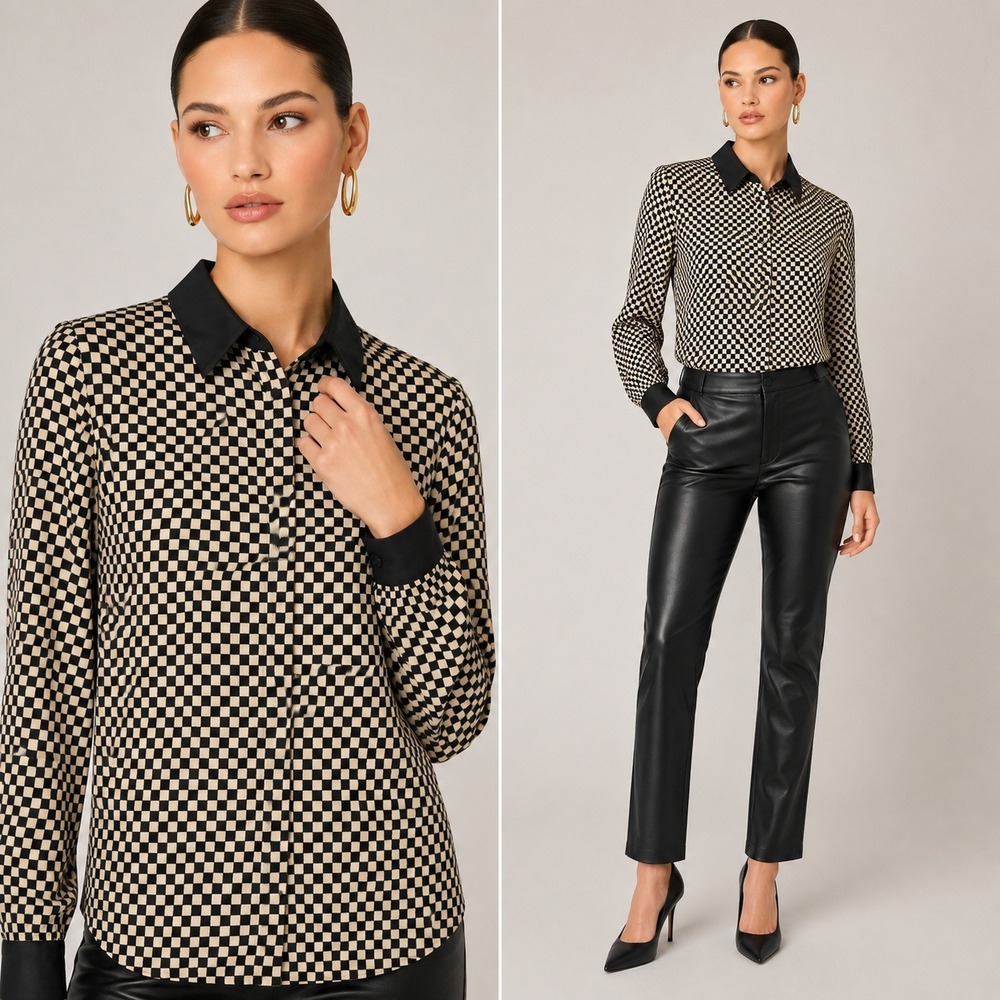 Nipon Blouse Black Cream Checkered Button Down Skater Career VTG Shirt Top Sz 8